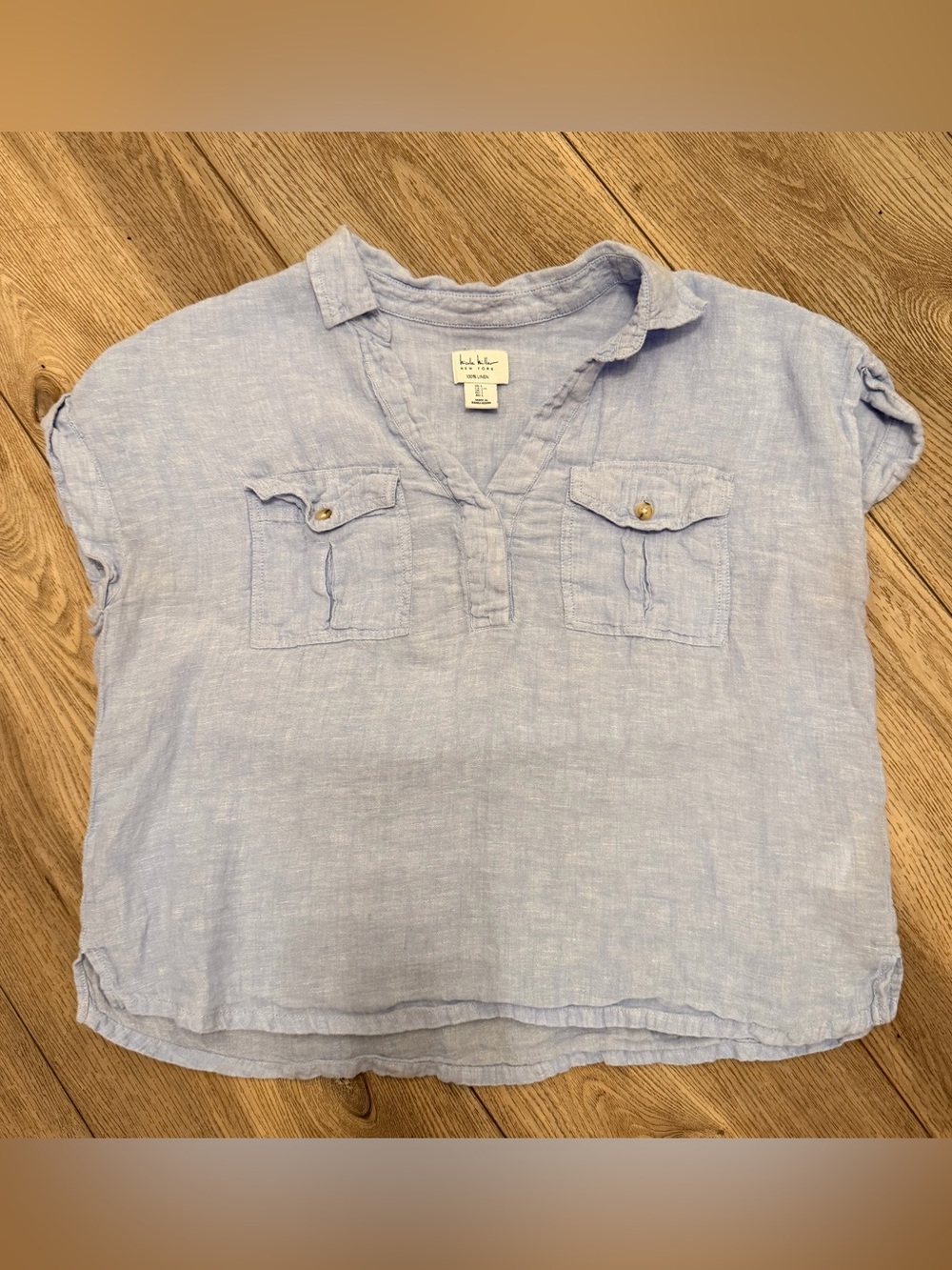 Light Blue Linen-Blend V-Neck Short Sleeve Top